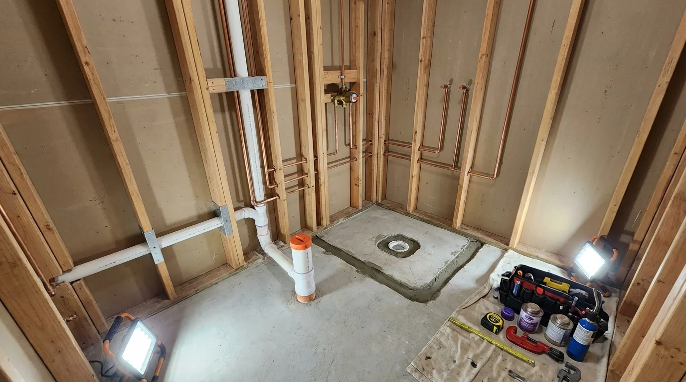 Bathroom rough-in plumbing during remodel by Johns Plumbing LLC in Vincennes