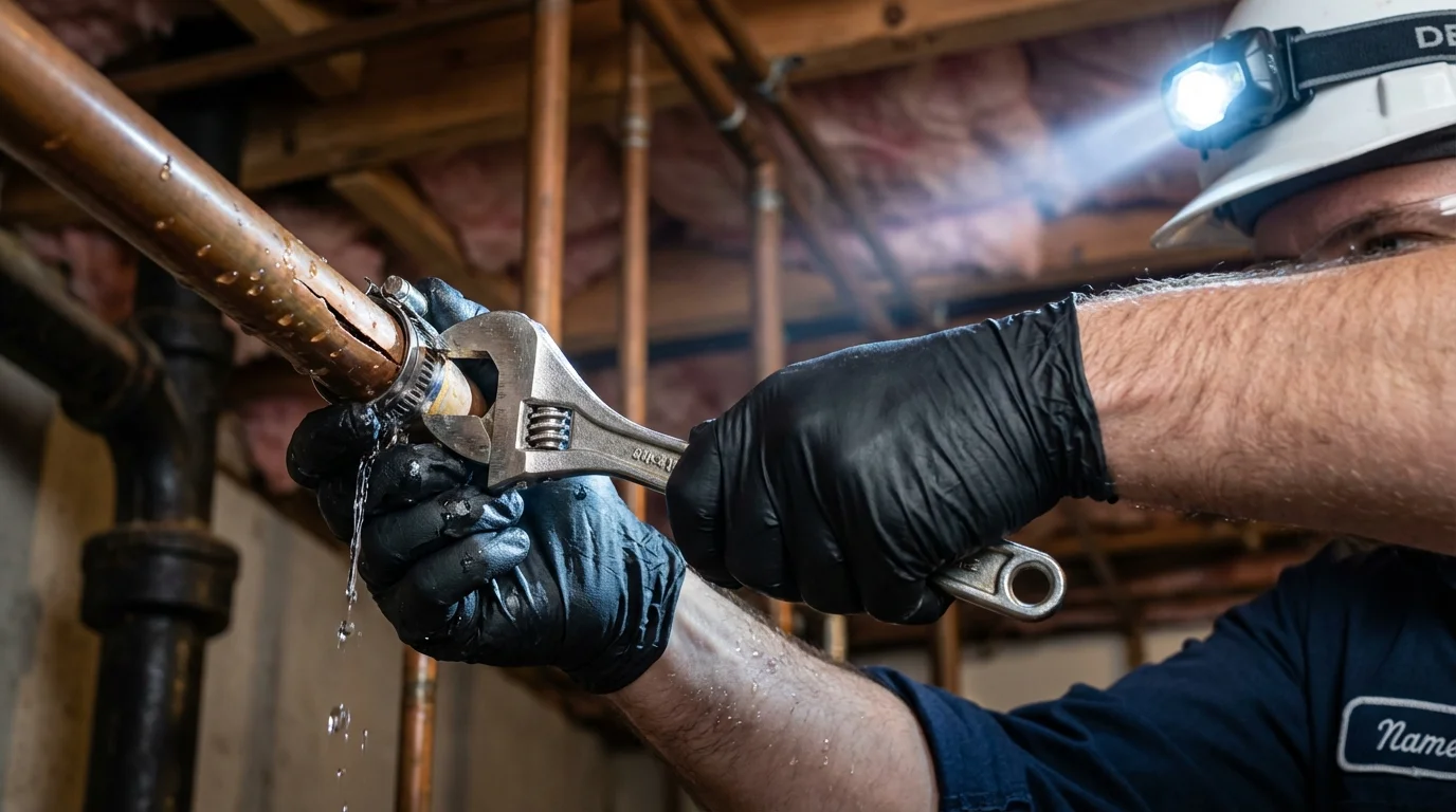 Emergency pipe clamp repair being performed by a Johns Plumbing LLC plumber in Vincennes