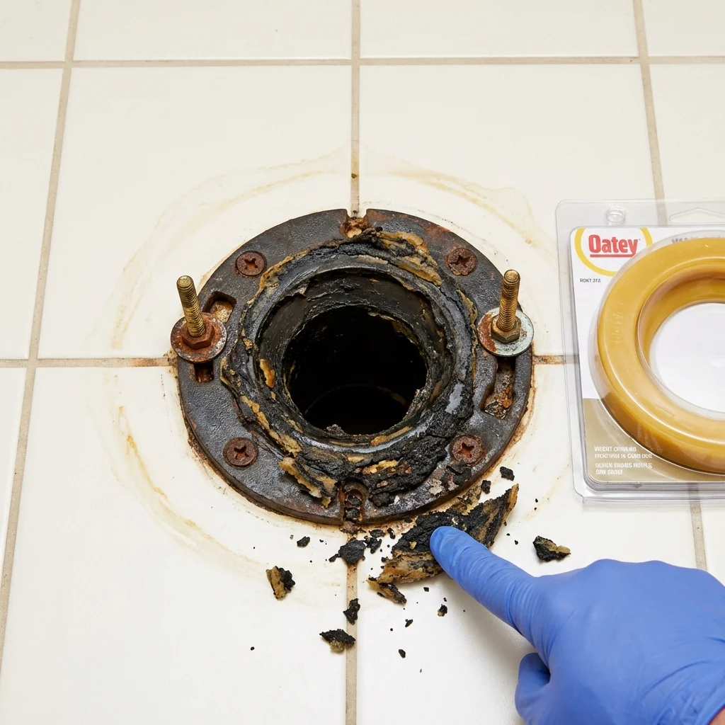 Failed wax ring showing water seepage at the base of a toilet in a Vincennes, IN home