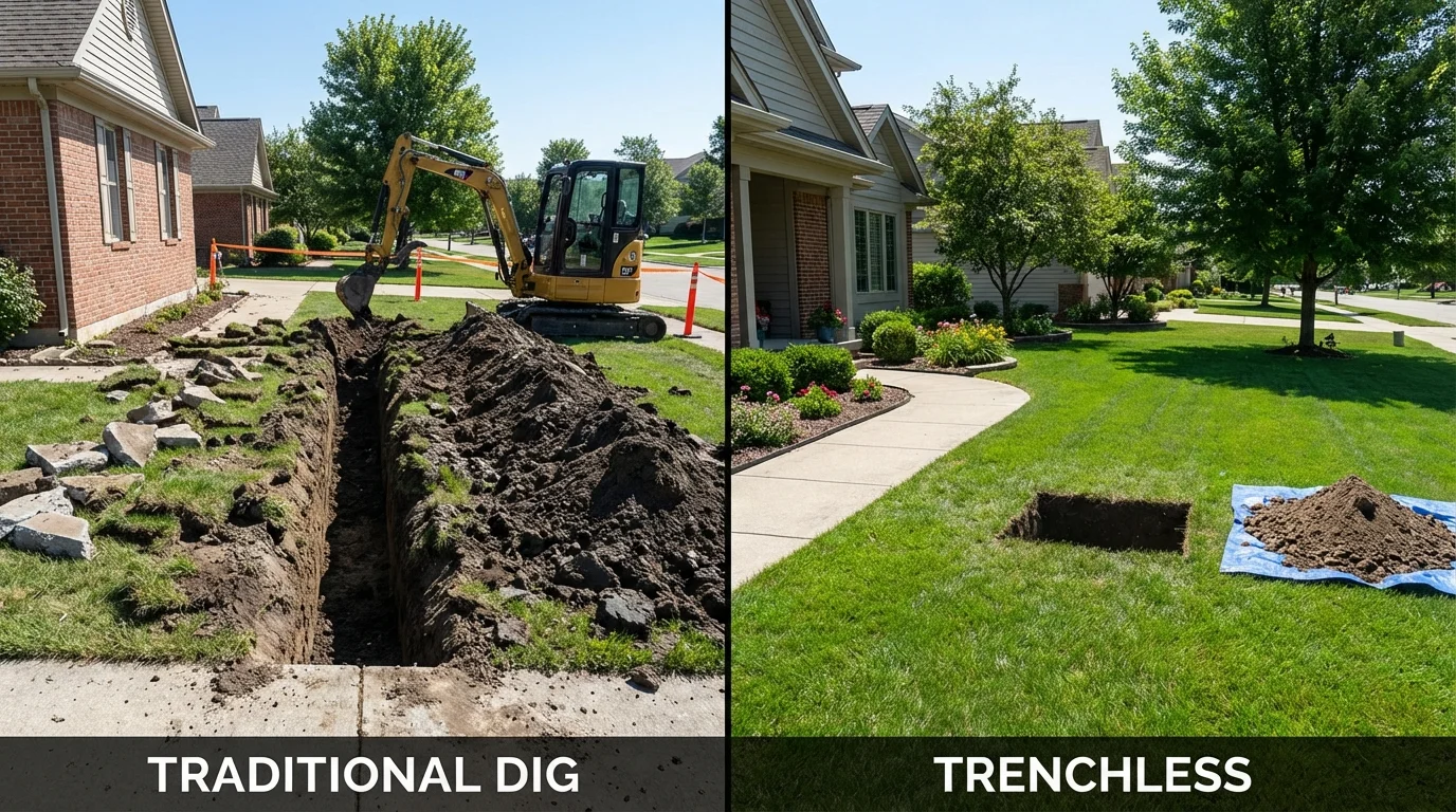 Trenchless sewer repair with minimal yard damage versus traditional excavation in Vincennes, IN